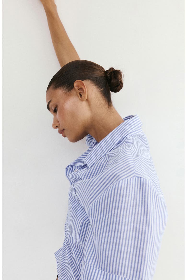 Stripe Short Sleeve Cotton & Linen Button-Up Shirt, Alternate, color, SKY BLUE