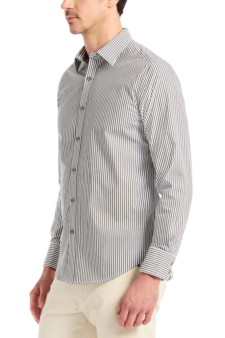 Greenwich Pinstripe Stretch Cotton Button-Up Shirt, Alternate, color, OLIVE