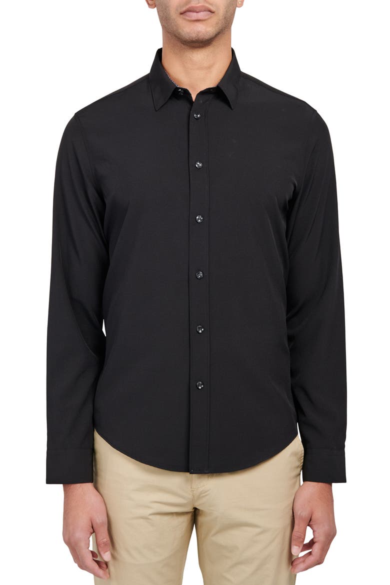 Slim Fit Solid 4-Way Stretch Performance Long Sleeve Shirt, Main, color, BLACK