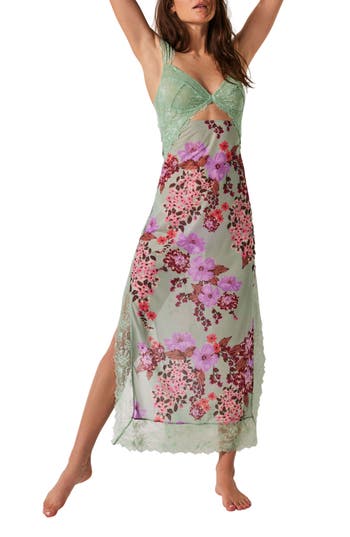 Free People Suddenly Fine Floral Print Cutout Lace Trim Nightgown In Green