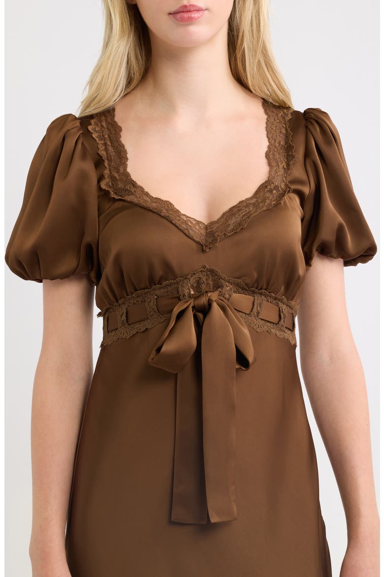 Puff Sleeve Lace Trim Maxi Dress, Alternate, color, BROWN