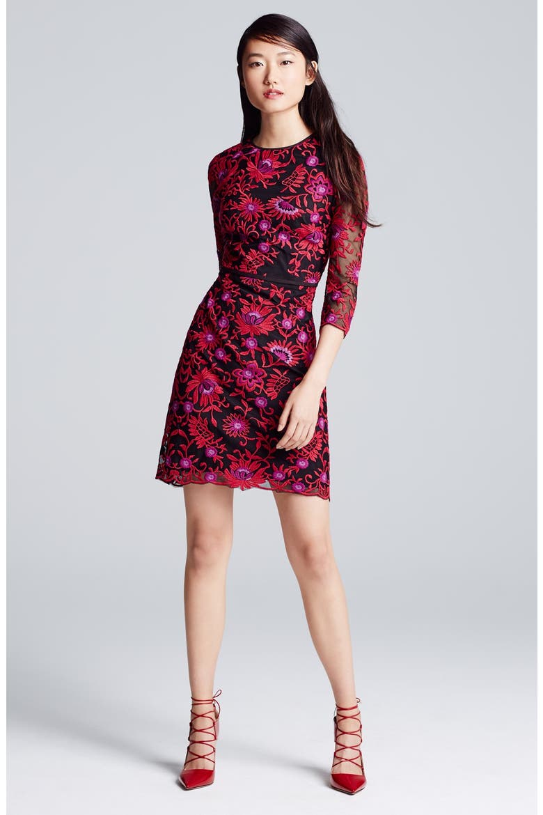 Embroidered Mesh Fit & Flare Dress, Alternate, color, RED MULTI