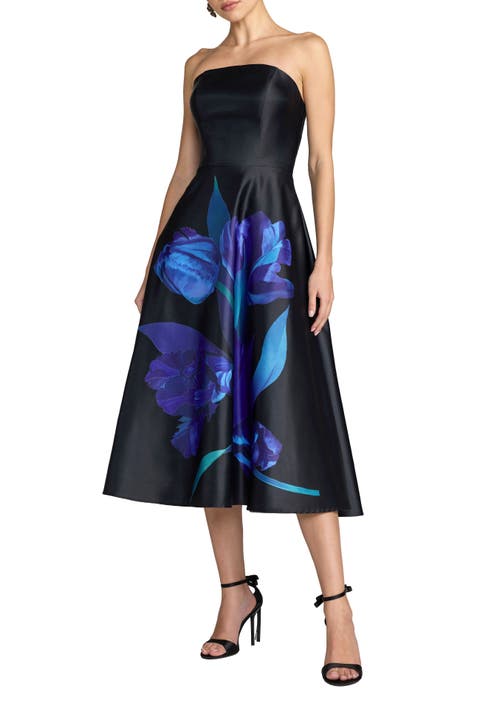 Strapless Satin Midi Dress With Flower Print