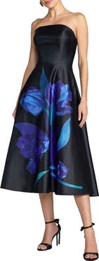 Mac Duggal Strapless Satin Midi Dress With Flower Print