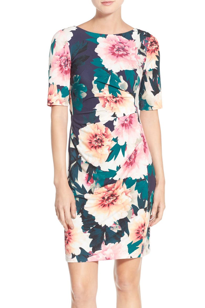 'Exploding' Floral Print Jersey Sheath Dress, Main, color, NAVY/ GREEN/ PINK