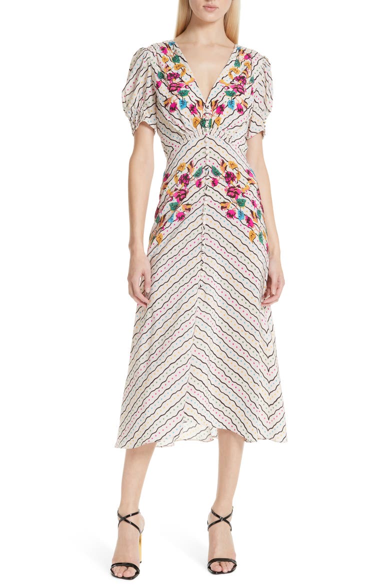 Lea Silk Midi Dress, Main, color, JAPONICA WIGGLE PLACEMENT