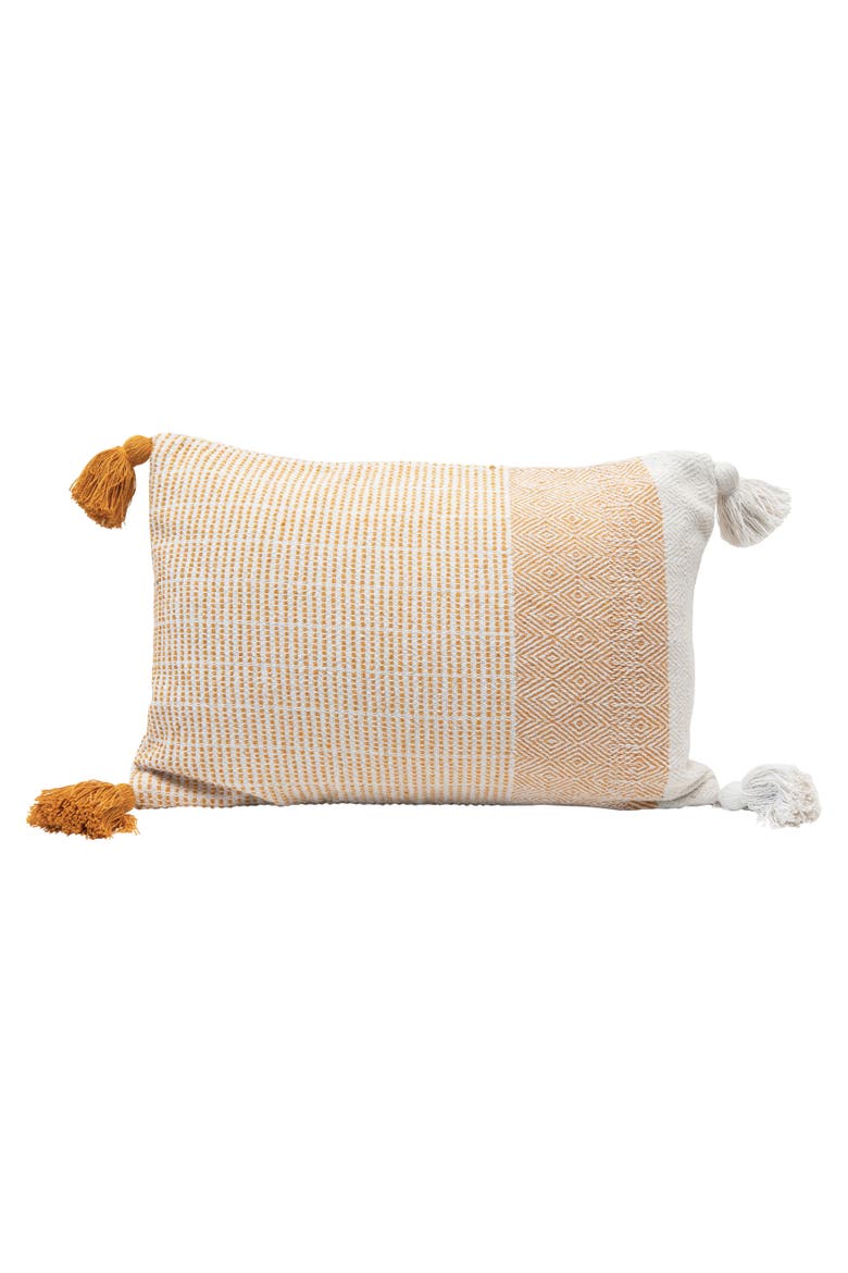Woven Recycled Cotton Blend Lumbar Pillow with Tassels, Cover Only, Main, color, Yellow