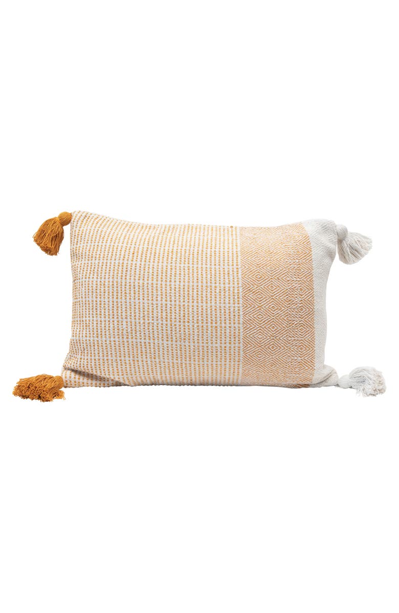 Storied Home Woven Recycled Cotton Blend Lumbar Pillow with Tassels, Cover Only, Main, color, Yellow