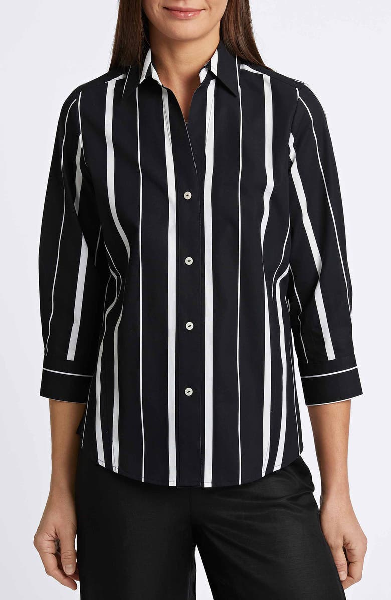 Foxcroft Paityn Stripe Three-Quarter Sleeve Cotton Button-Up Shirt, Main, color, Black/ White