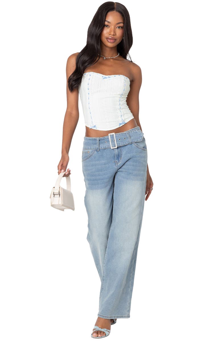 EDIKTED Mist Lacey Ribbon Corset Crop Top, Alternate, color, White