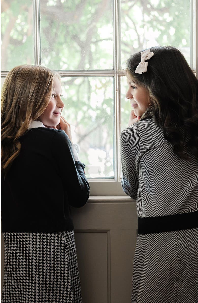 Hope & Henry Girls' Faux Fur Cardigan and Skirt Sweater Set, Kids, Alternate, color, Charcoal And Ivory Herringbone