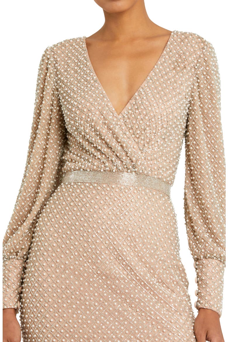 Wrap Over Bishop Sleeve Pearl Beaded Gown, Alternate, color, IVORY BEIGE