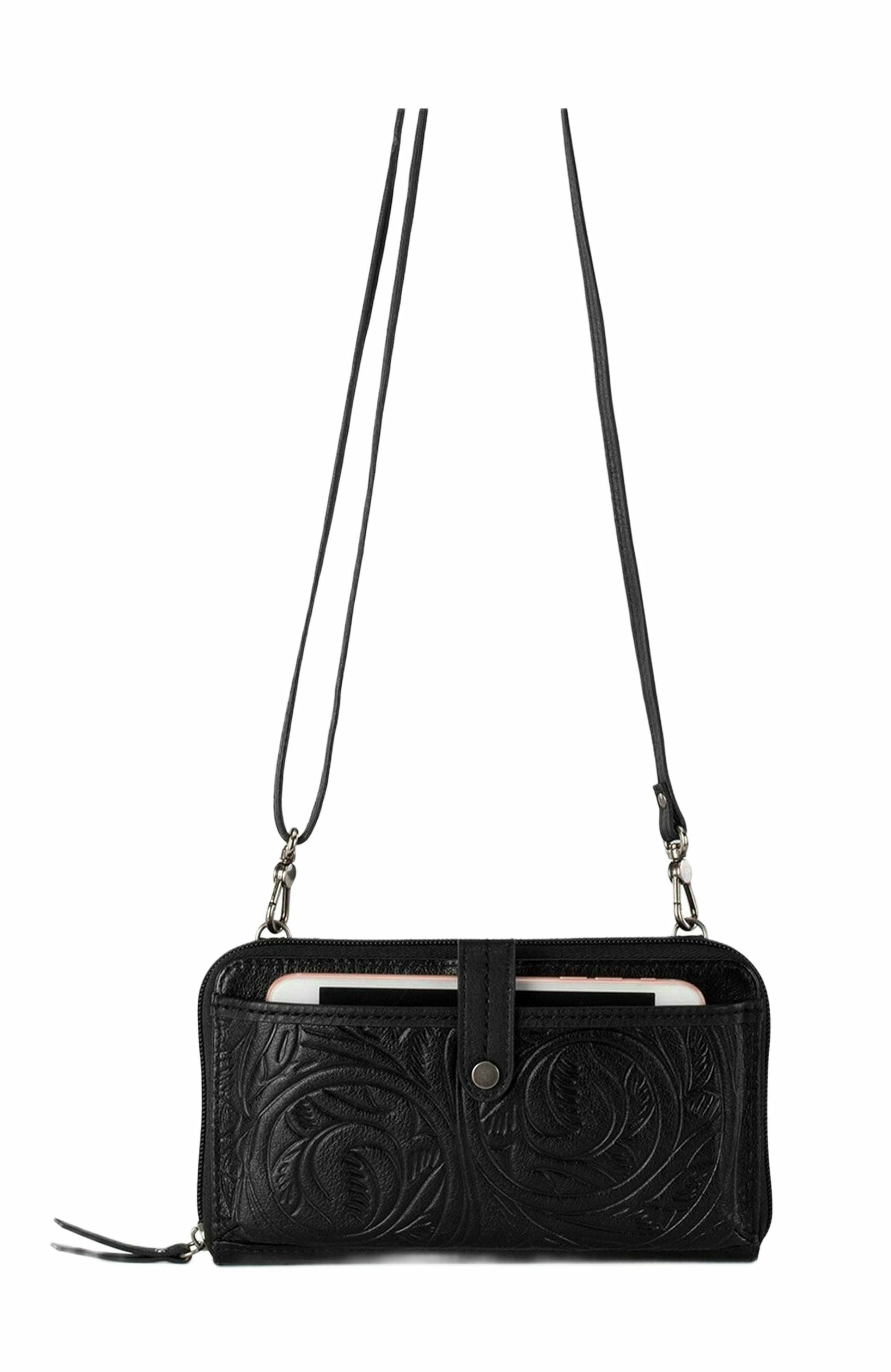 The Sak Iris Smartphone Crossbody Bag, Alternate, color, Black Leaf Emboss