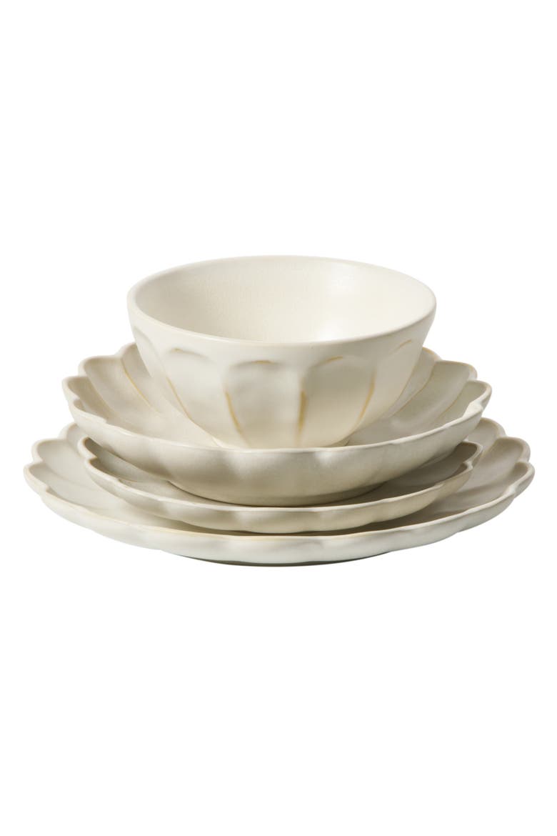Yuelu Bloom 16 Piece Plates and Bowls Scallop Embossed Dinnerware Set, Alternate, color, Jasmine White