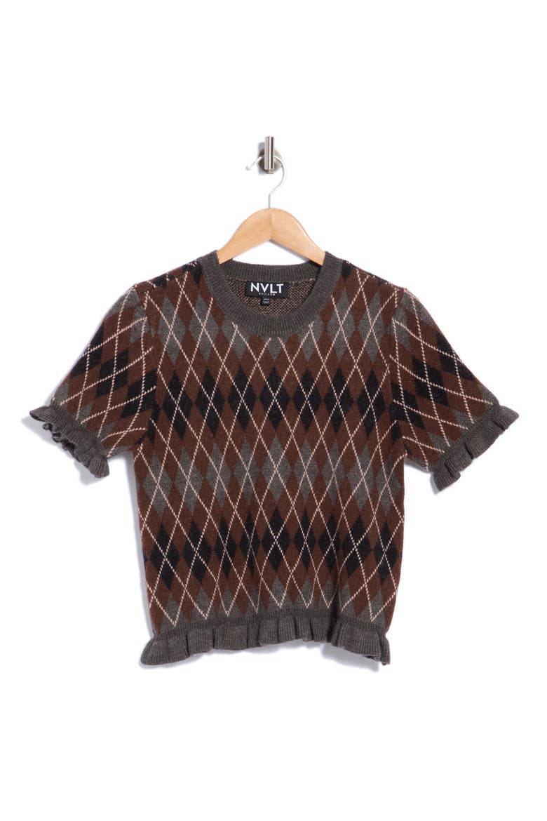 Ruffle Sleeve Argyle Sweater, Main, color, CHARCOAL MIX/ BLACK