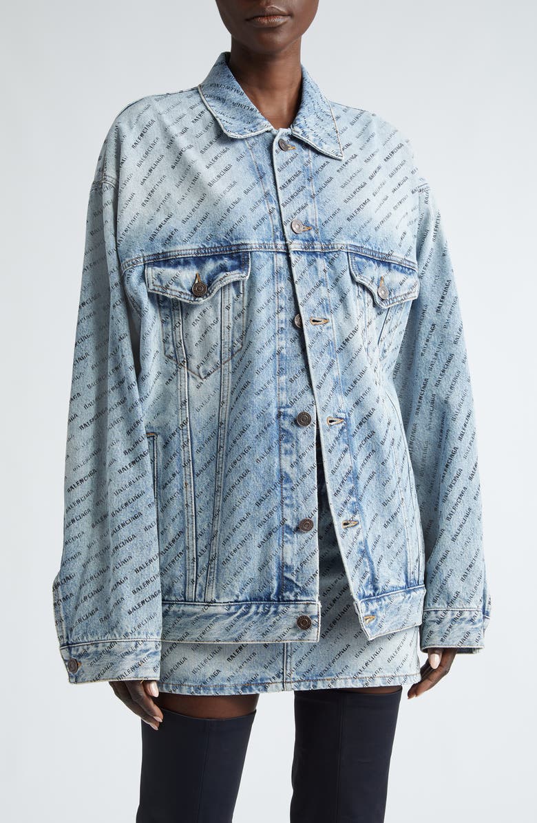 Balenciaga Logo Print Oversize Denim Jacket, Main, color, 