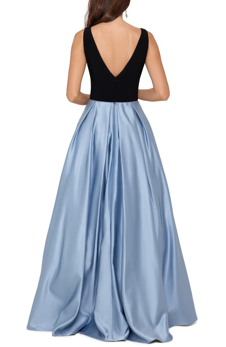 Betsy & Adam V-Neck High/Low Satin Ballgown, Alternate, color, 