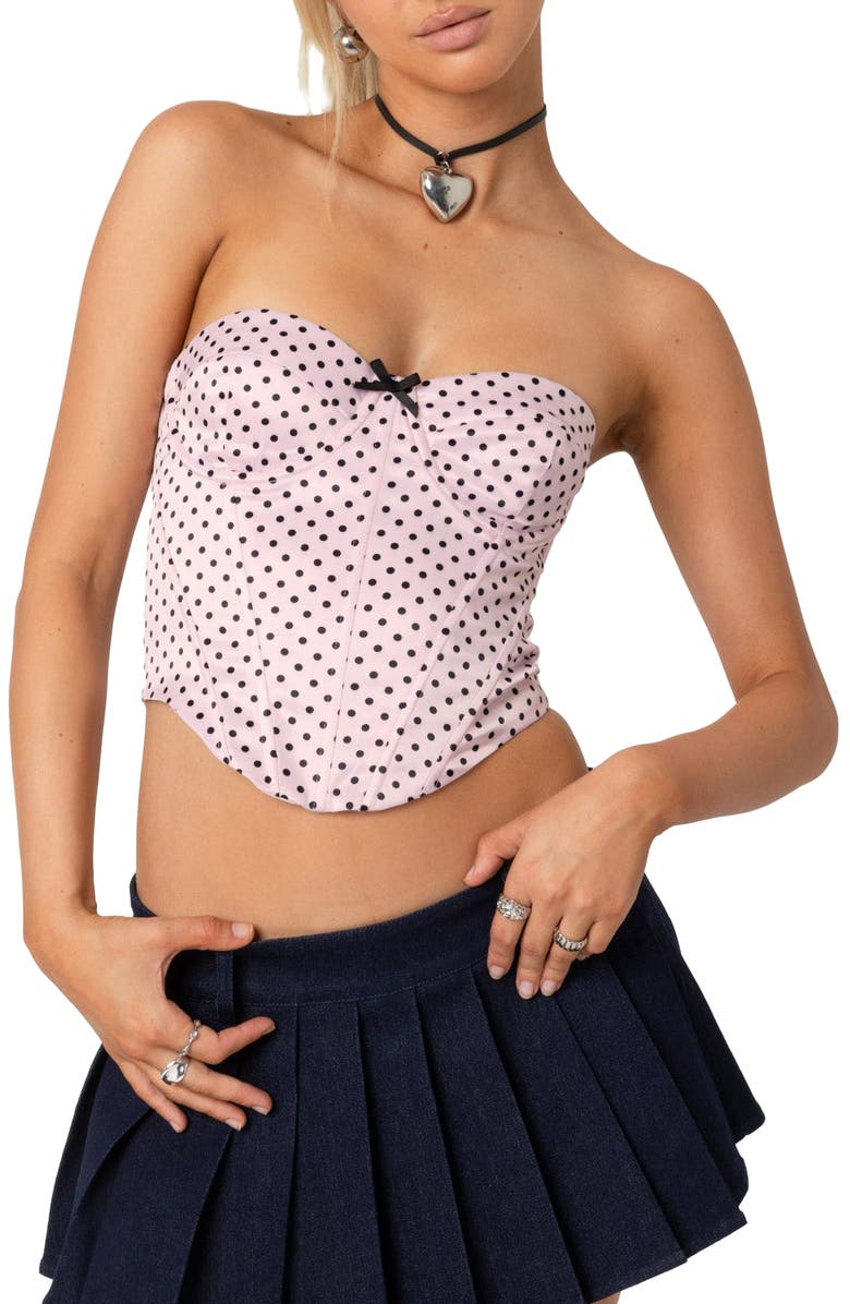 EDIKTED Polka Dot Satin Crop Corset Top, Main, color, Light-Pink