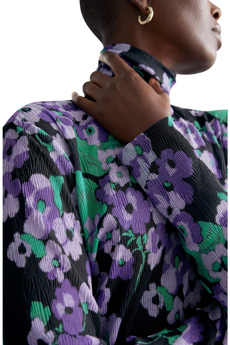 Aina Floral Plissé Turtleneck, Alternate, color, PURPLE FLOWER AOP