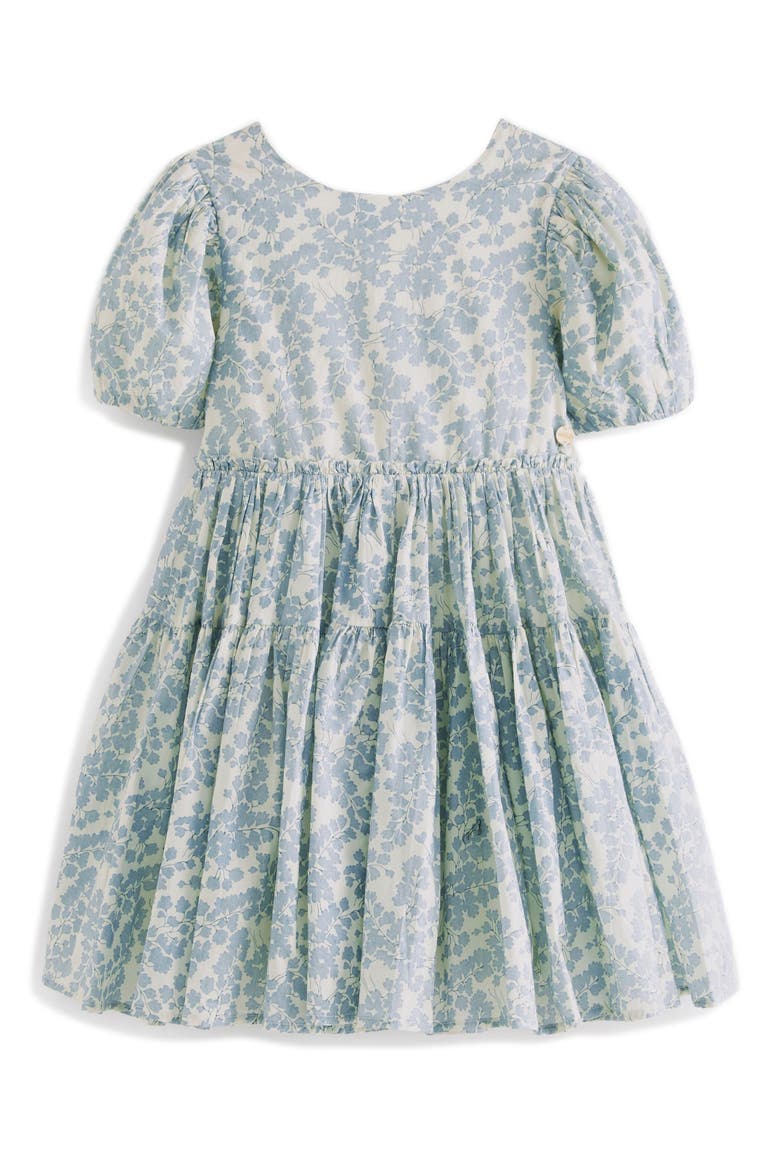 Kids' Floral Tiered Puff Sleeve Cutout Cotton Dress, Main, color, IVORY BLUE