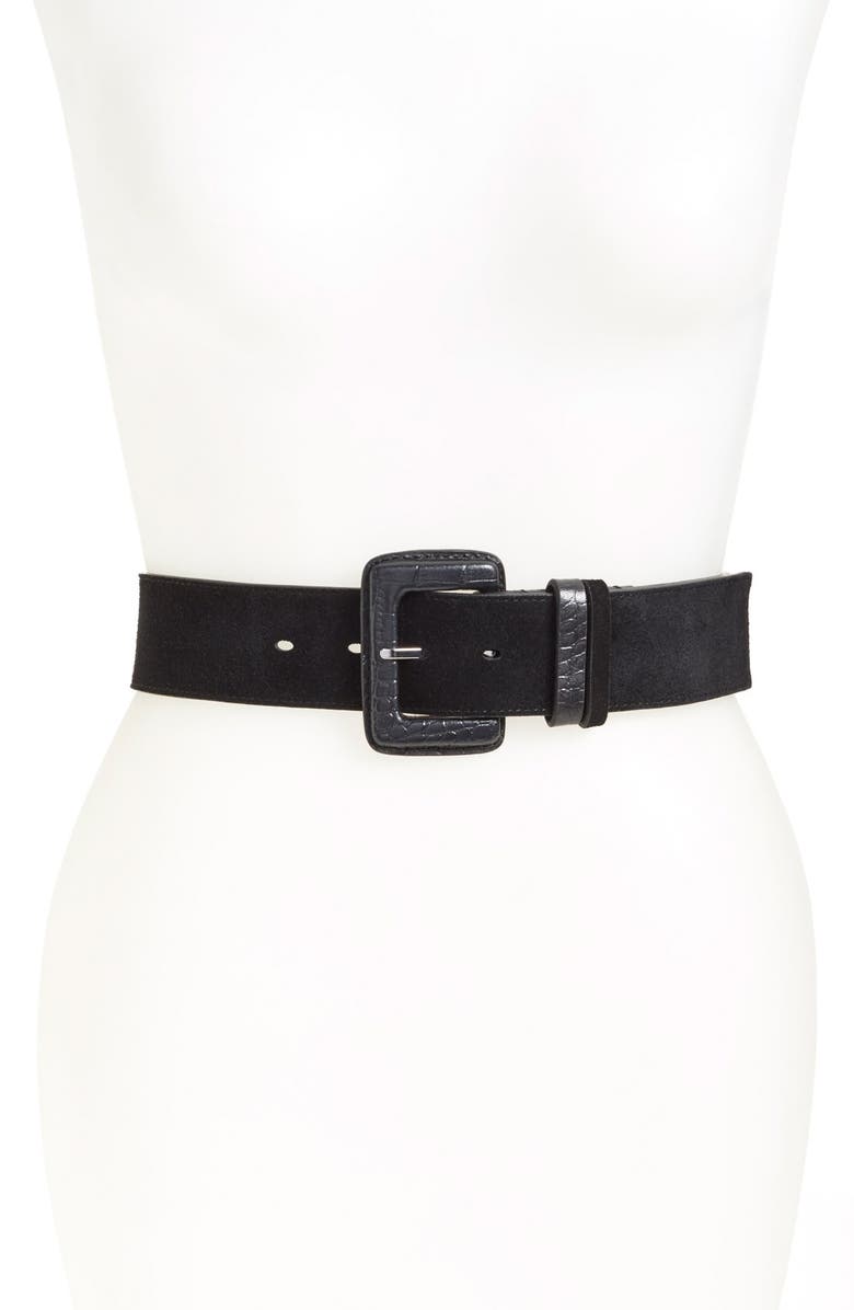 Halogen<sup>®</sup> Embossed Buckle Suede Belt, Main, color, 
