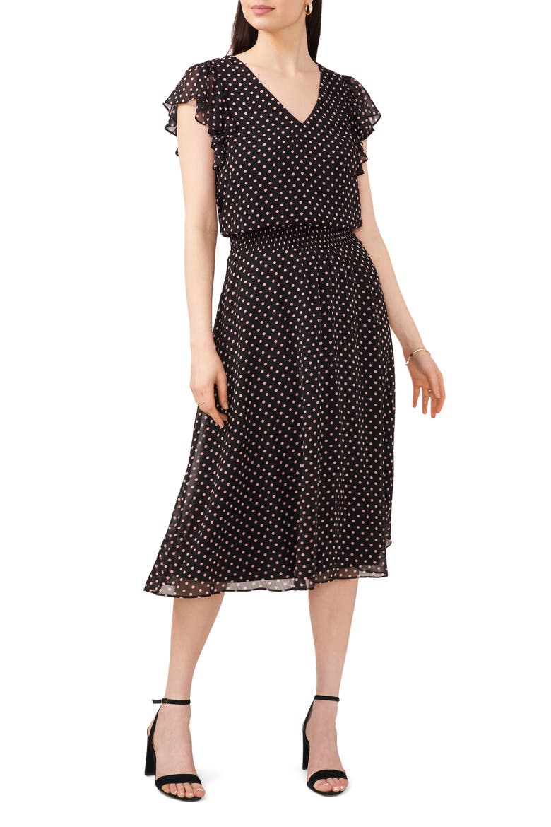 Polka Dot Smock Waist Flutter Sleeve Midi Dress, Main, color, BLACK/BLUSH 006