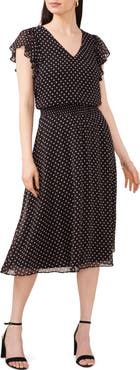 Chaus Polka Dot Smock Waist Flutter Sleeve Midi Dress