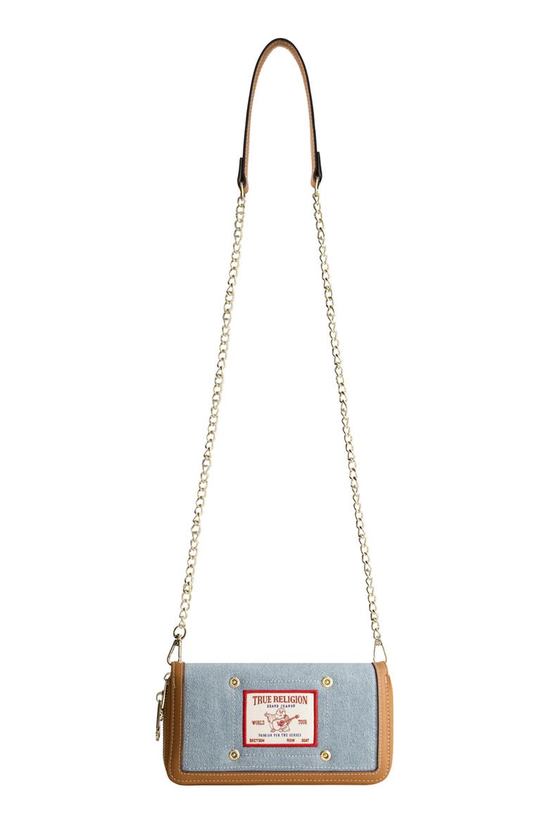 Buddha Patch Double Zip Chain Wallet, Main, color, DENIM