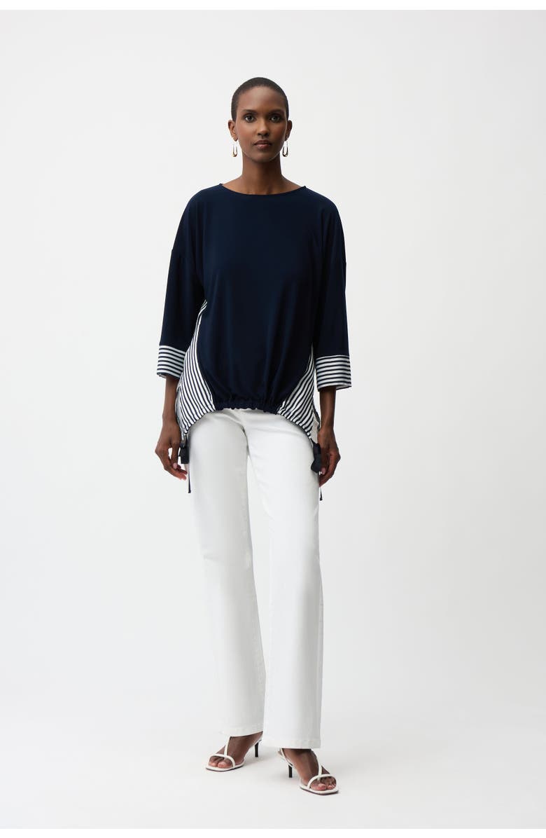 JOSEPH RIBKOFF Silky Knit and Woven Stripe Top With High Low Hem, Alternate, color, Navy/Off-White