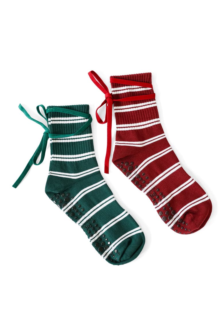 Assorted 2-Pack Sporty Ballerina Nonslip Grip Crew Socks, Main, color, HUNTER GREEN/ BURGUNDY
