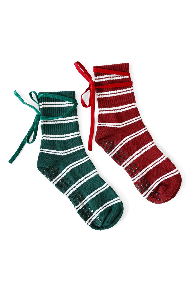 Pilates University 1883 Assorted 2-Pack Sporty Ballerina Nonslip Grip Crew Socks, Main, color, Hunter Green/ Burgundy