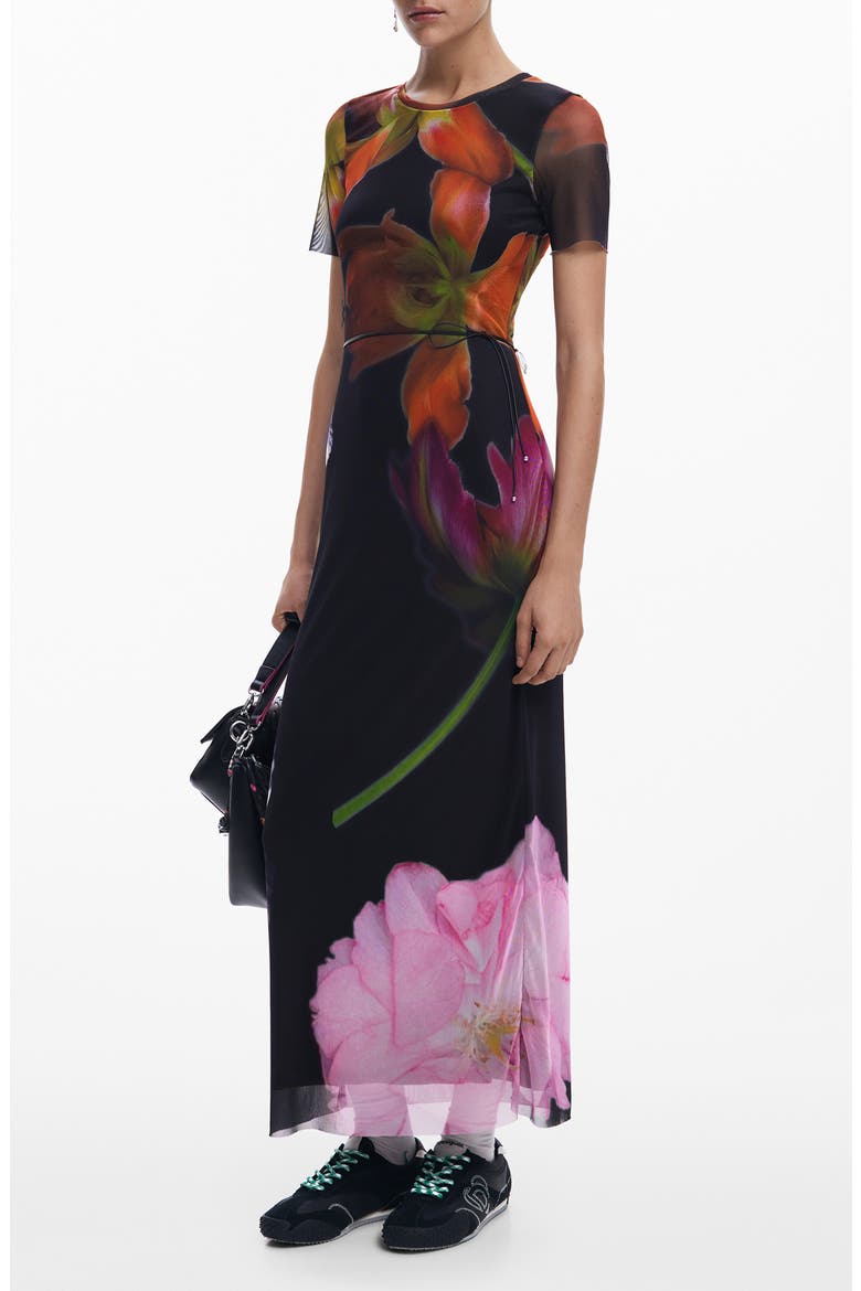 Floral Mesh Maxi Dress, Main, color, BLACK