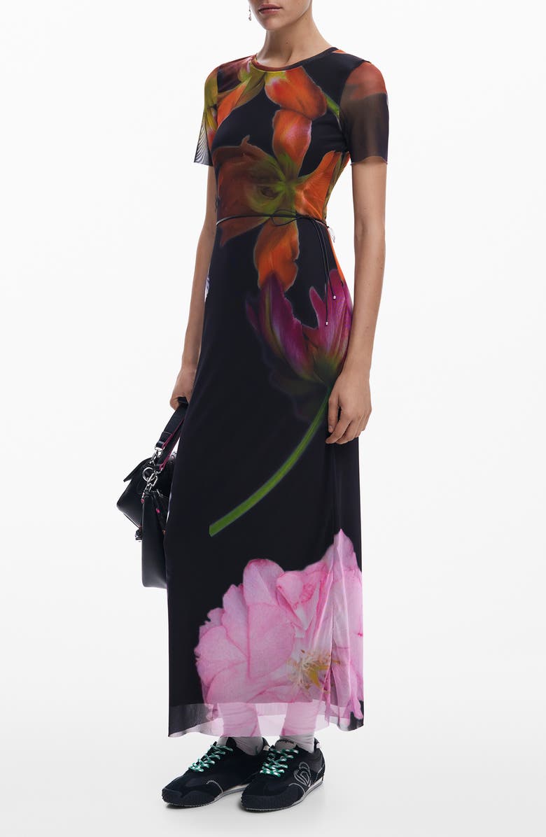 Desigual Floral Mesh Maxi Dress, Main, color, Black