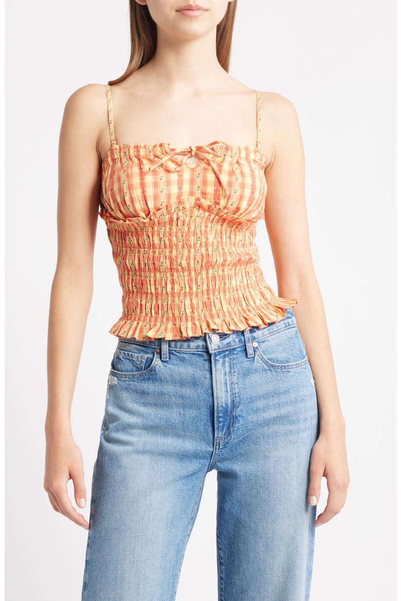 Nola Gingham Smocked Organic Cotton Camisole, Main, color, ORANGE
