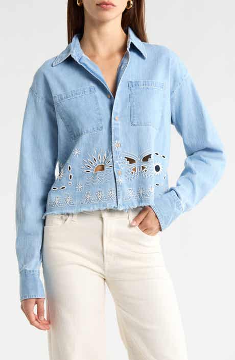 MOTHER Roomie Embroidered Fray Hem Crop Denim Shirt Jacket