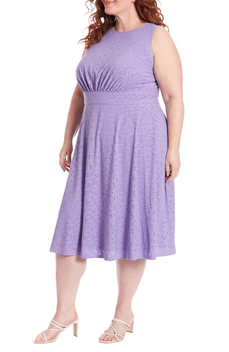London Times Sleeveless Embroidered Eyelet Midi Dress, Alternate, color, Violet Tulip