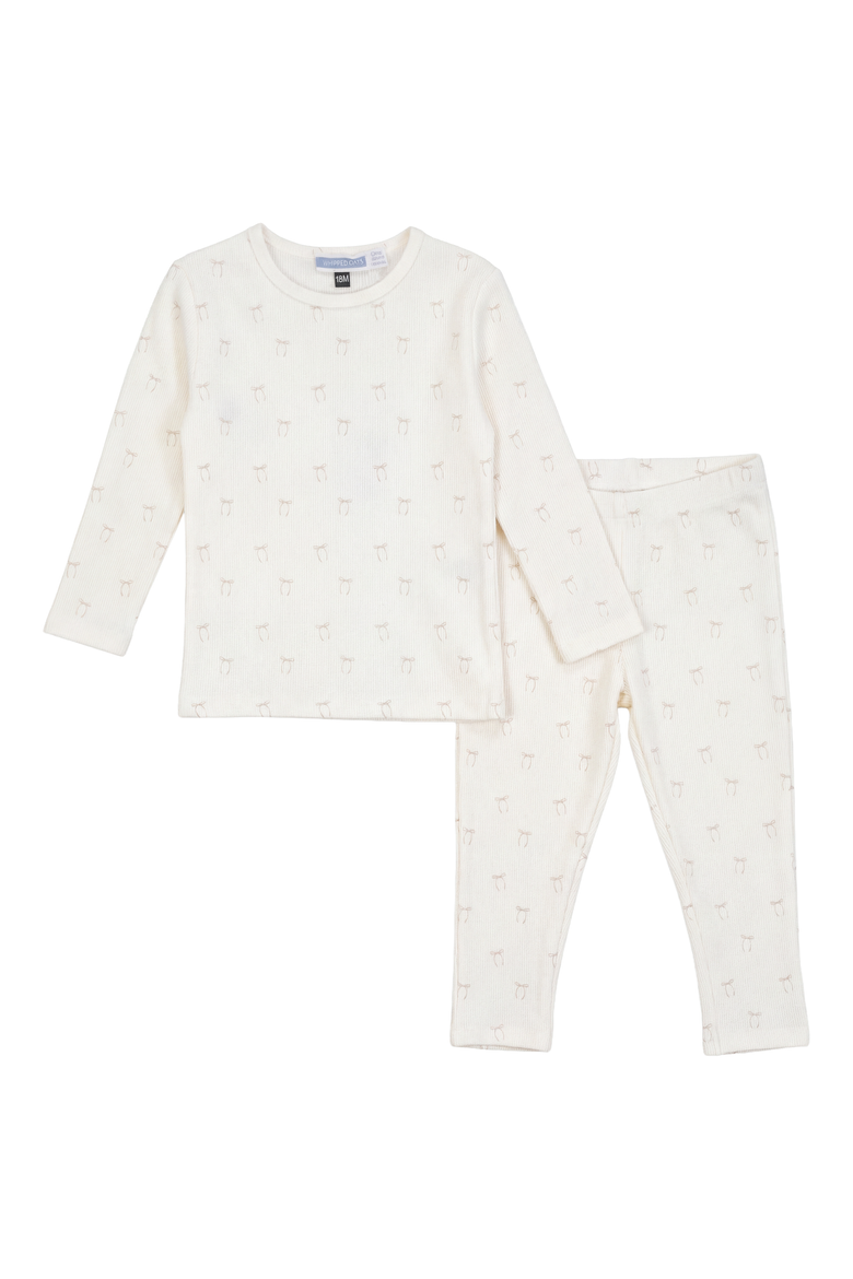 Girl Bow Ribbed Top and Elastic Waist Pants Two Piece Set, Main, color, Off White/Pink