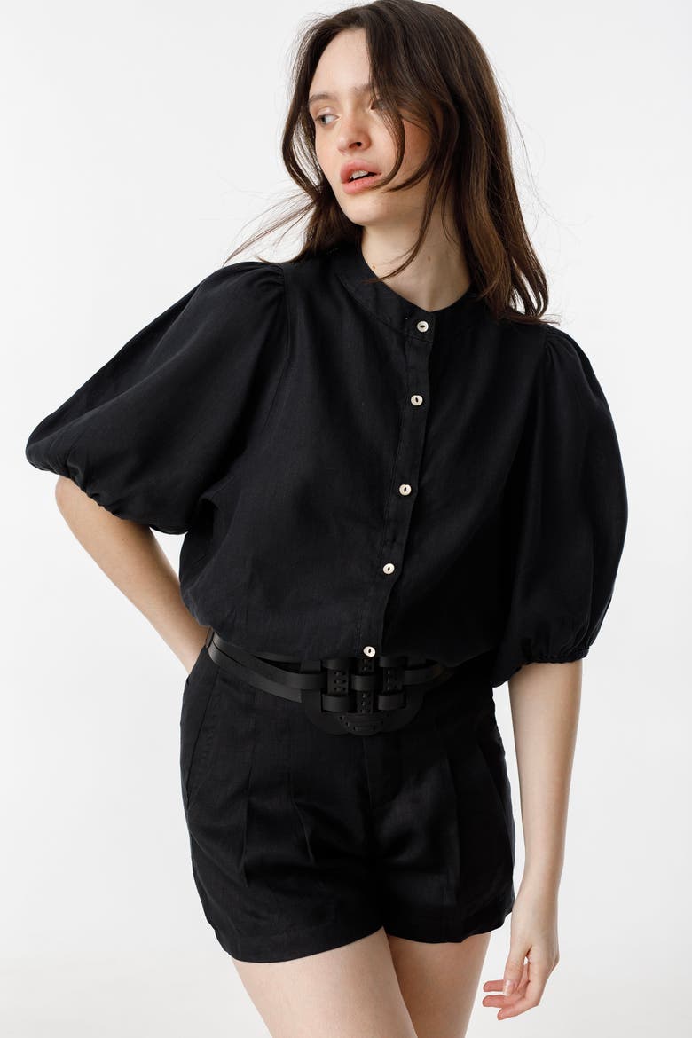 Bubble Linen Shirt, Alternate, color, Black