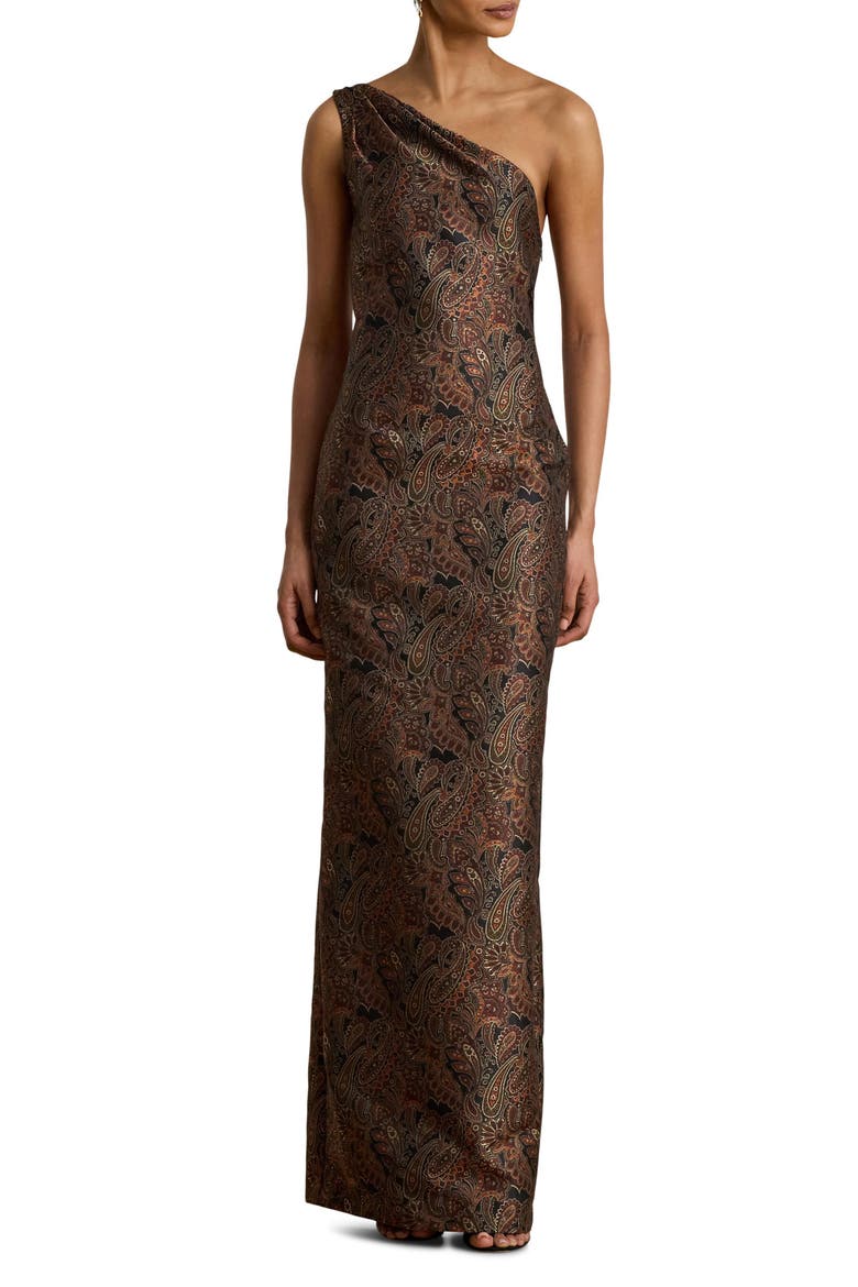 Paisley Jacquard One Shoulder Gown, Main, color, BLACK/ MULTI