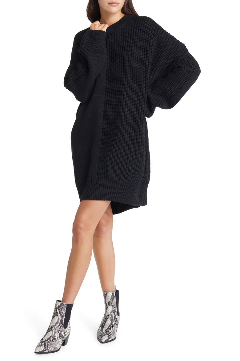 Long Sleeve Contrast Rib Sweater Dress, Main, color, BLACK