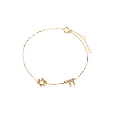 Diamond Pave/Solid Chai & Star Of David Bracelet 14K
