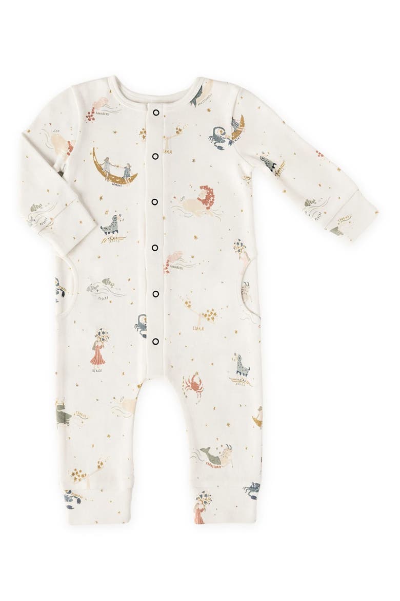 Print Long Sleeve Organic Cotton Placket Romper, Main, color, ZODIAC