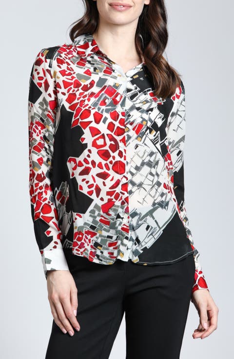 Abstract Print Roll Tab Sleeve Chiffon Button-Up Shirt