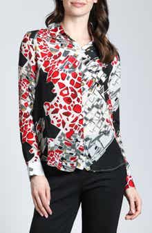 Abstract Print Roll Tab Sleeve Chiffon Button-Up Shirt