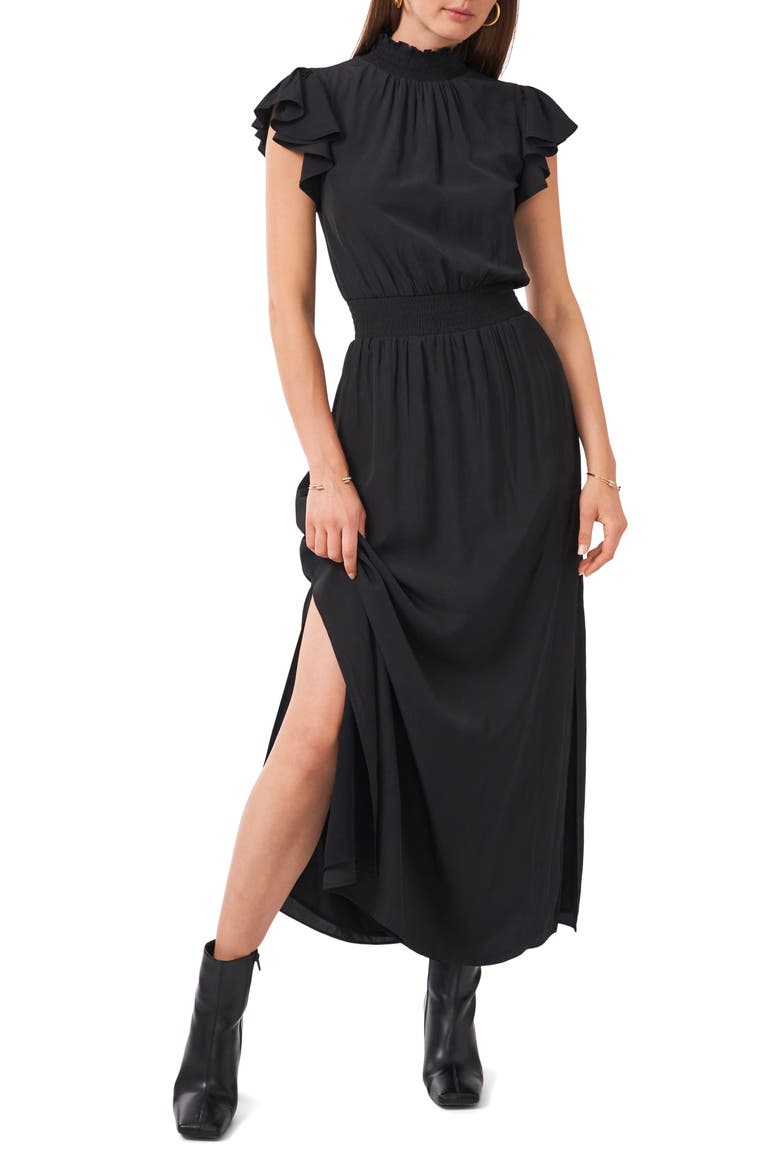 Flutter Sleeve Smocked Neck Dress, Main, color, RICH BLACK