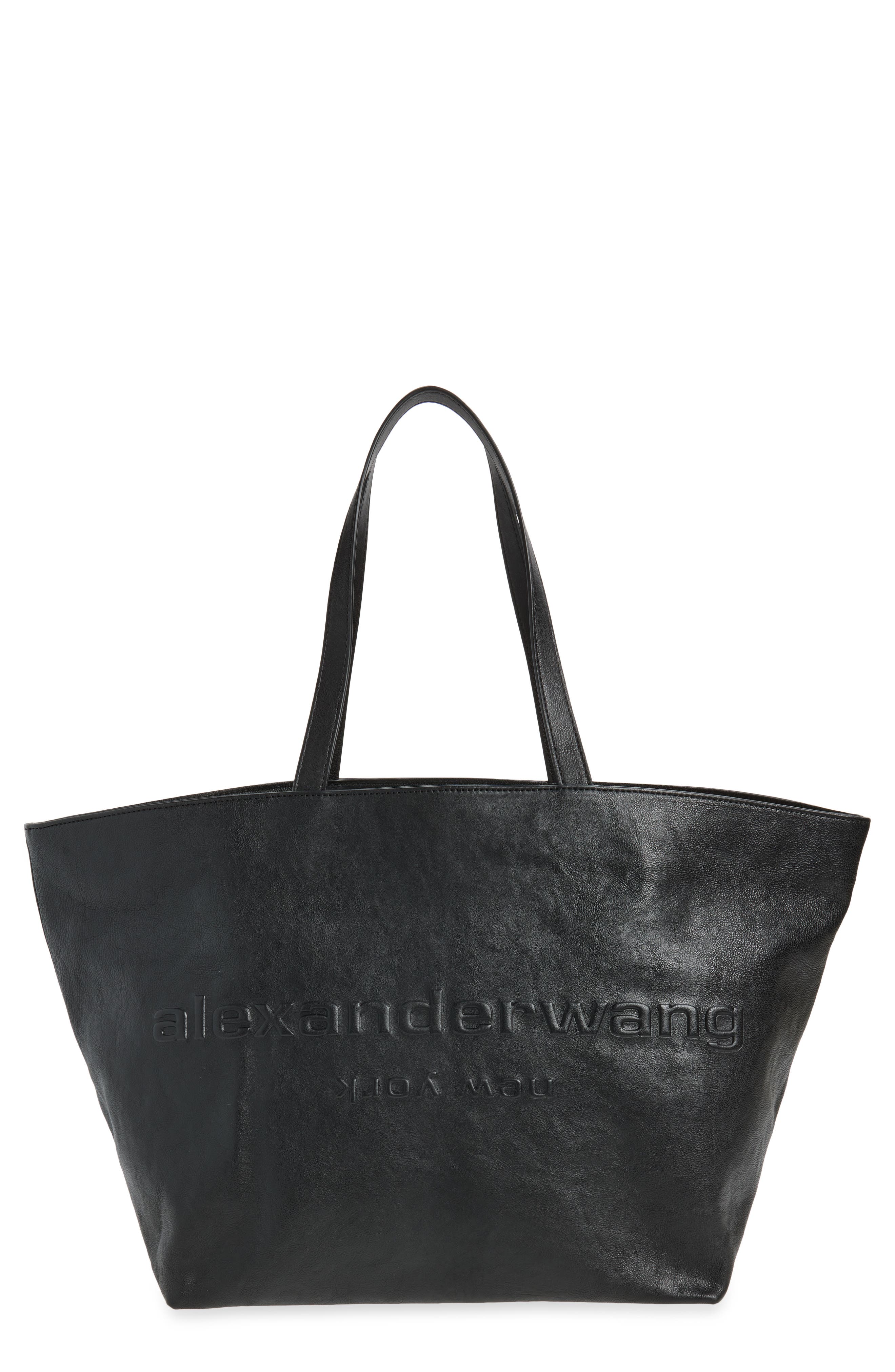 Punch Logo Crinkled Leather Tote, Main, color, BLACK