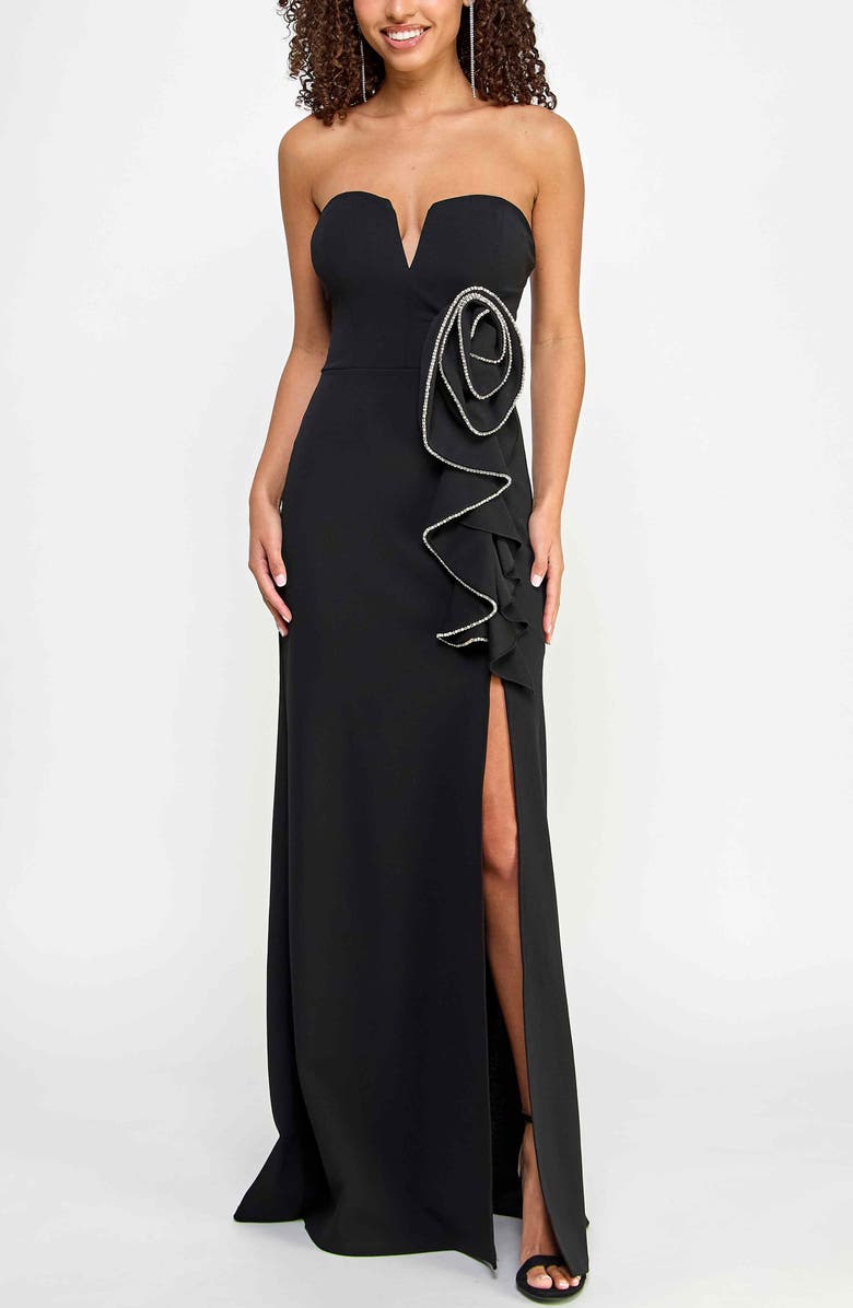 Speechless Rhinestone Rosette Strapless Gown, Alternate, color,