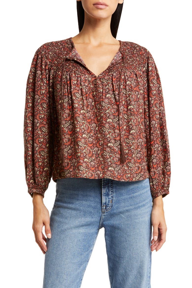 Print Smocked Peasant Blouse, Main, color, BROWN MULTI