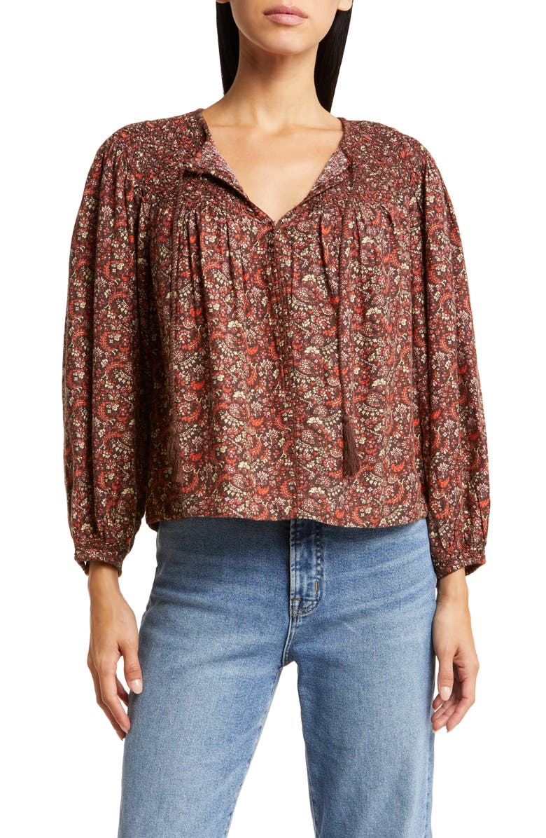 Lucky Brand Print Smocked Peasant Blouse, Main, color, 