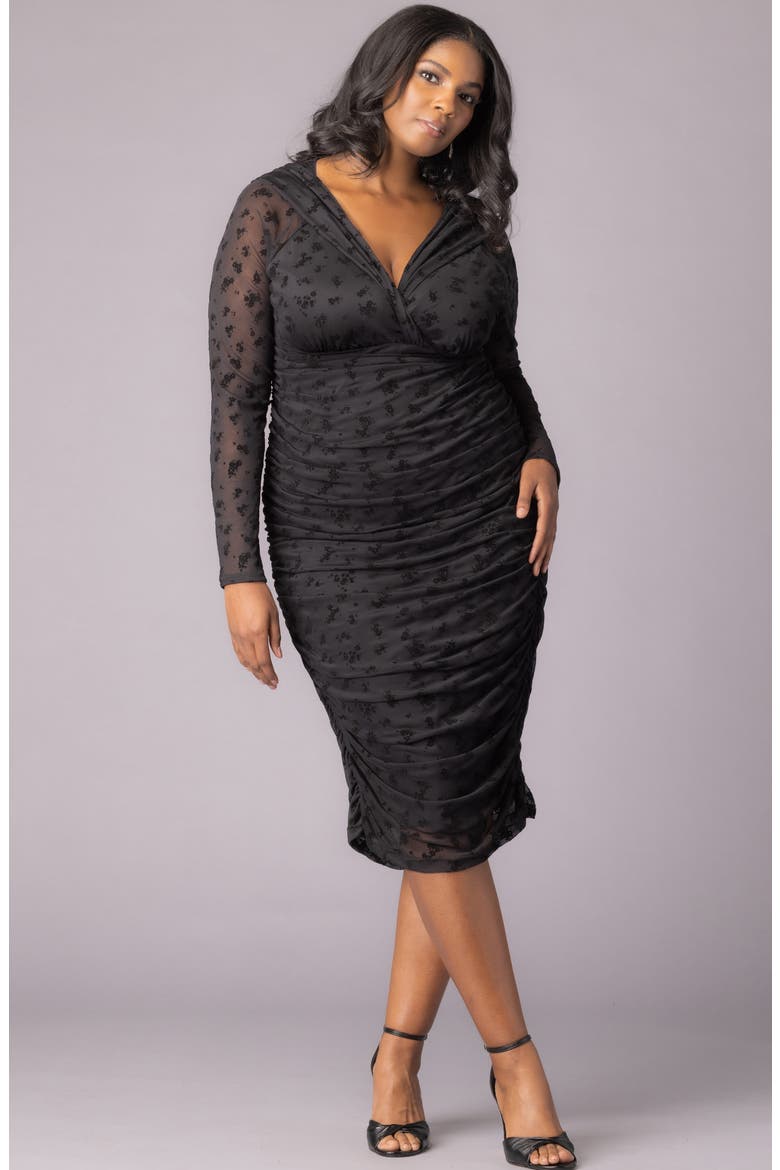 Betsey Ruched Elbow Sleeve Midi Bodycon Dress, Alternate, color, ONYX FLOCKED FLORALS
